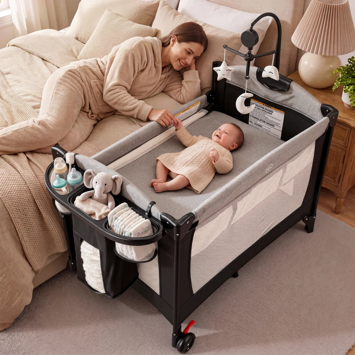 4-in-1 Convertible Baby Playard with Bassinet, Diaper Changer, Cradle Bedside Sleeper, Breathable Mesh, Storage Organizer Lockable Wheels