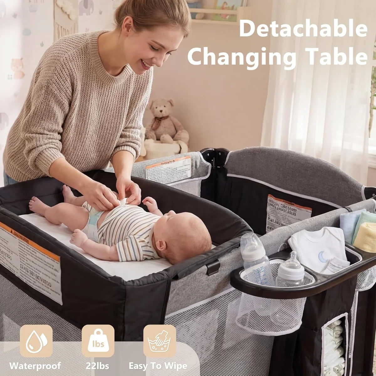 4-in-1 Convertible Baby Playard with Bassinet, Diaper Changer, Cradle Bedside Sleeper, Breathable Mesh, Storage Organizer Lockable Wheels