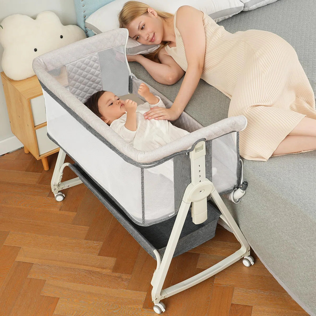 Baby Bassinet, Bedside Sleeper For Baby With Removable Mosquito Net and Wheels And Storage Basket ,all Mesh Portable Bassinet For Newborn,6 Height Adjustable Easy To Assemble Bedside Crib